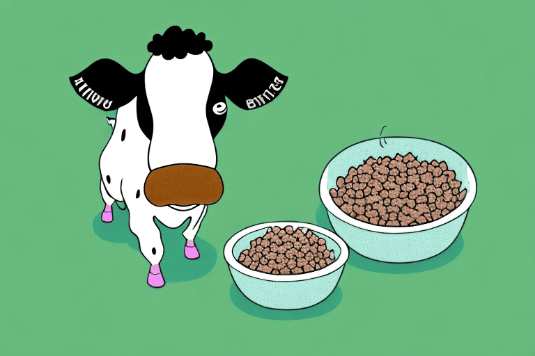 A curious cow sniffing a bowl of dog food on a grassy field