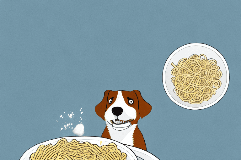 A curious dog sitting by a bowl of alfredo pasta