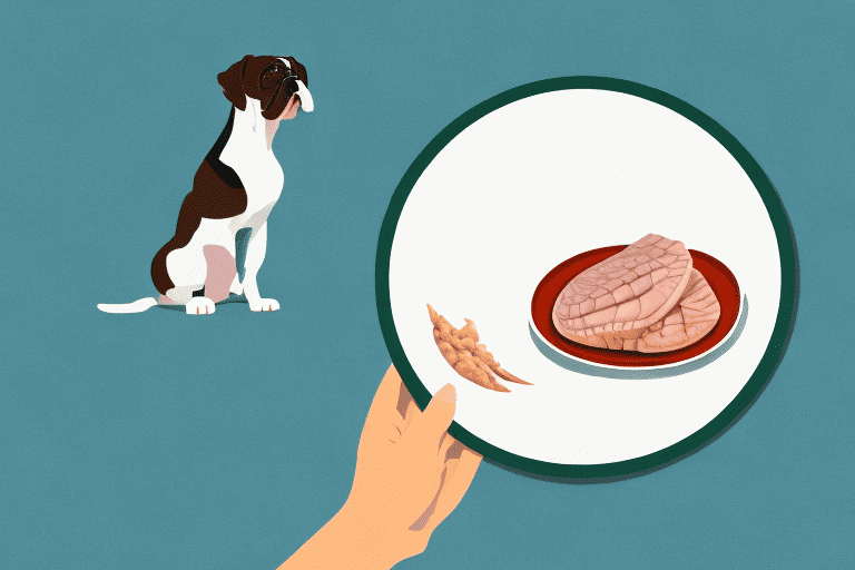 A curious dog looking at a piece of alligator meat on a plate