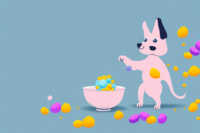 A curious dog sniffing at a bowl of colorful baby puffs placed on the floor