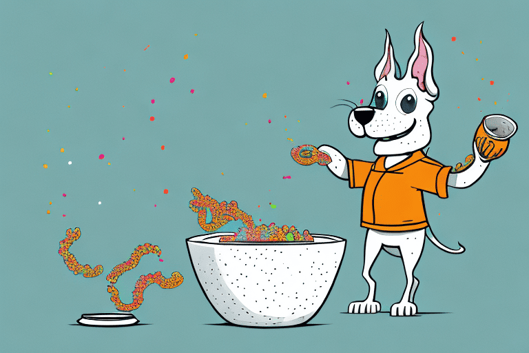 A curious dog sniffing a bowl filled with apple jacks cereal