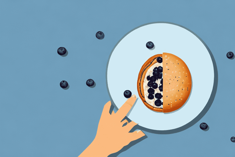 A curious dog sitting next to a table with a blueberry bagel on a plate