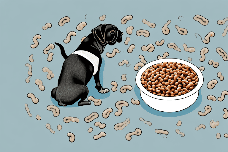 A curious dog looking at a bowl filled with black-eyed peas