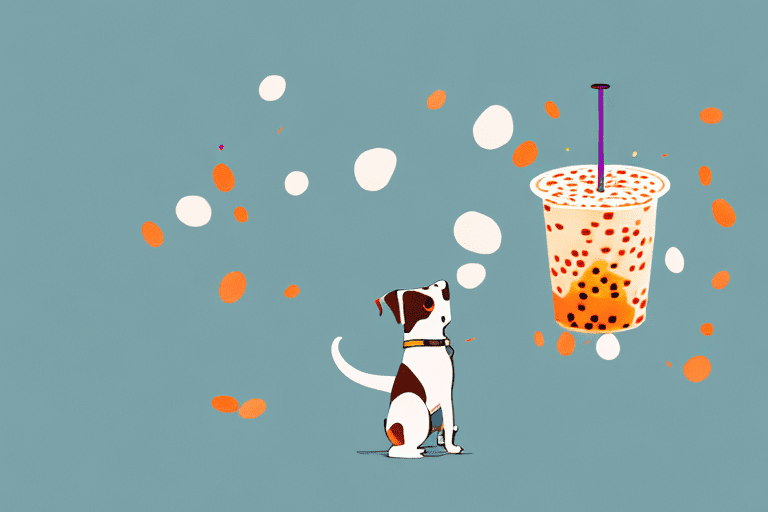 A curious dog sniffing a cup of boba tea with a few boba pearls scattered around