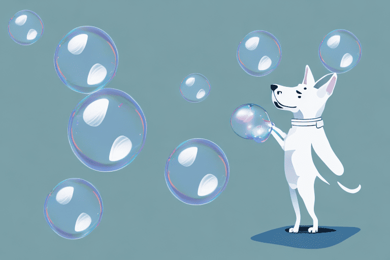 A playful dog curiously looking at floating soap bubbles in a park setting
