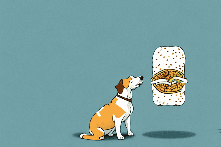 A curious dog sitting in front of a burrito