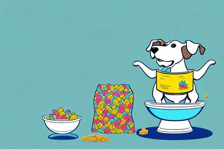 A curious dog sitting in front of a bowl filled with captain crunch cereal