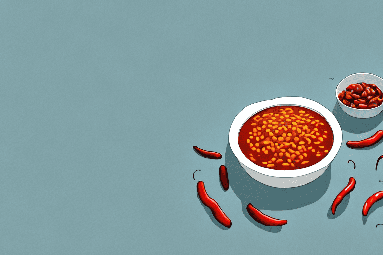 A curious dog looking at a bowl of chili beans on a table