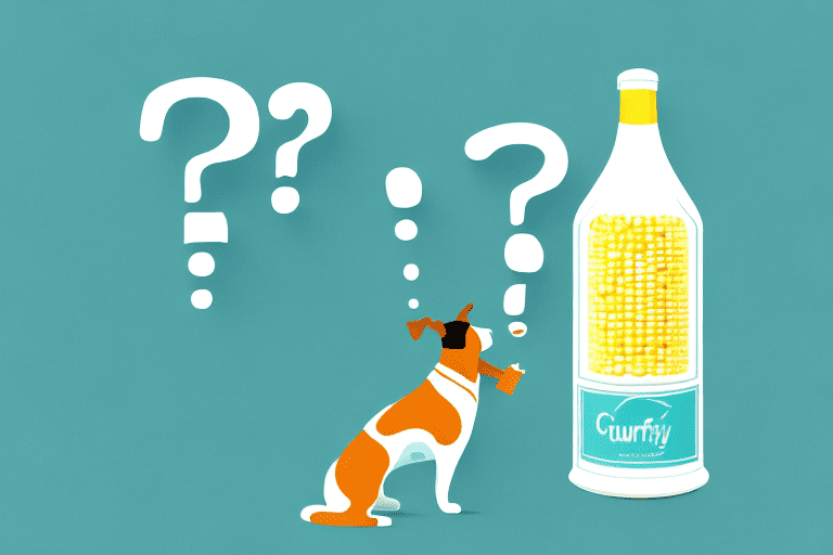 A dog curiously sniffing a bottle of corn syrup