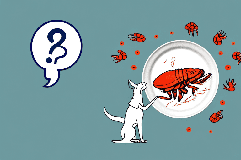 A curious dog looking at a plate of cooked crawfish