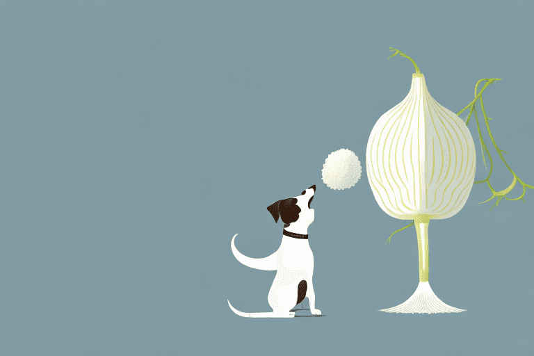 A curious dog sniffing a large daikon radish on a kitchen countertop