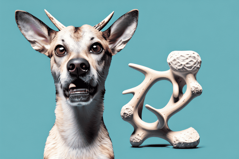 A curious dog sitting in front of a deer bone