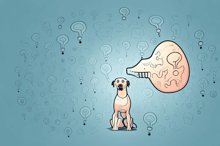 A curious dog looking at a deer leg with a thought bubble filled with question marks above its head