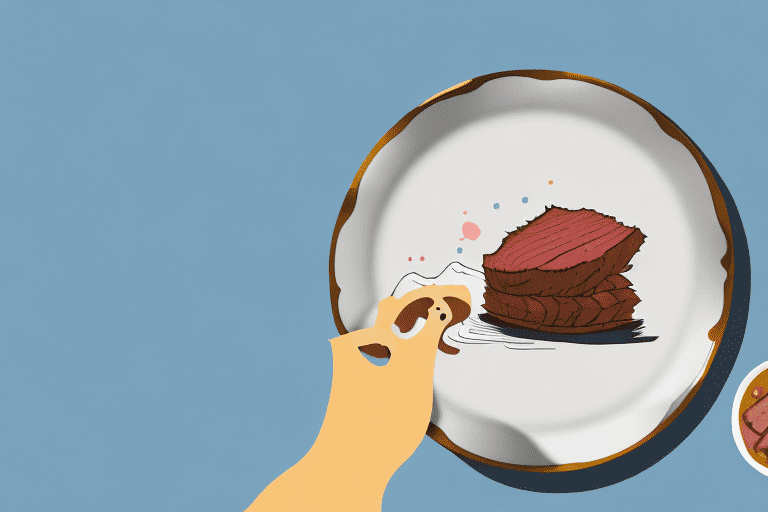 A dog looking longingly at a plate of brisket on a table