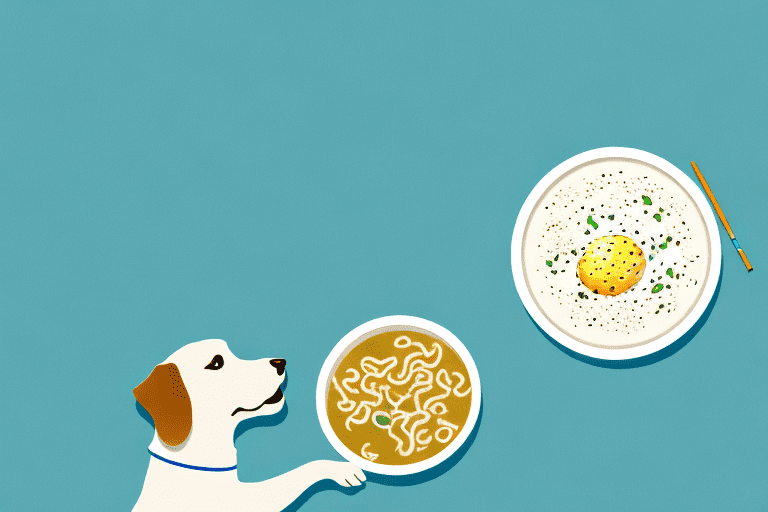 A curious dog sitting next to a bowl of egg drop soup