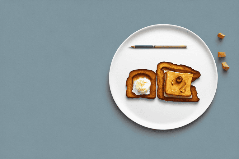 A curious dog sitting at a table with a piece of french toast on a plate