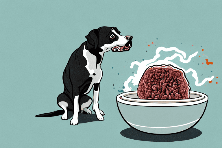 A curious dog sniffing a bowl filled with ground bison meat