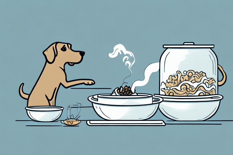 A dog cautiously sniffing a steaming bowl of food