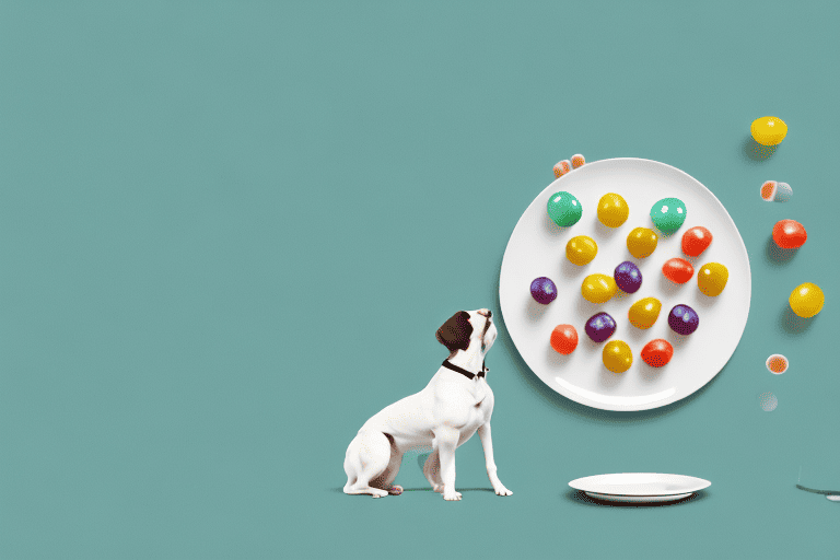 A curious dog sitting and looking at a few jujubes on a plate