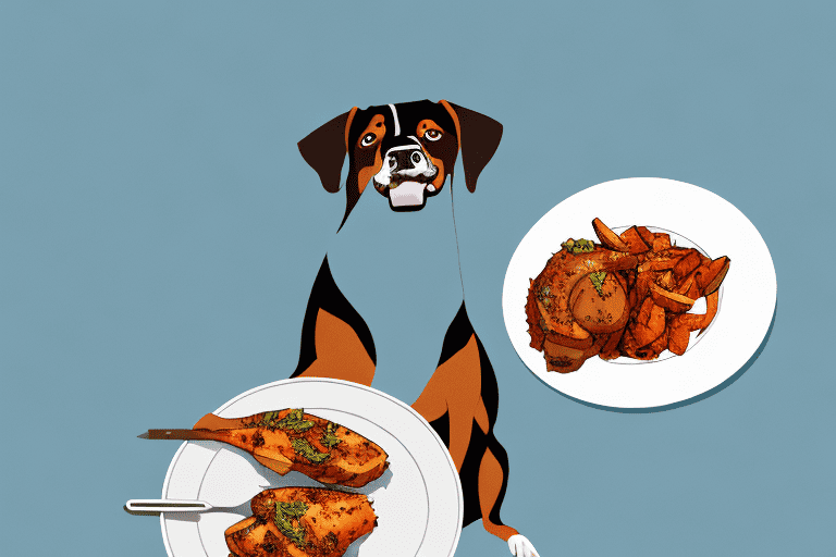 A curious dog sitting in front of a plate of jerk chicken