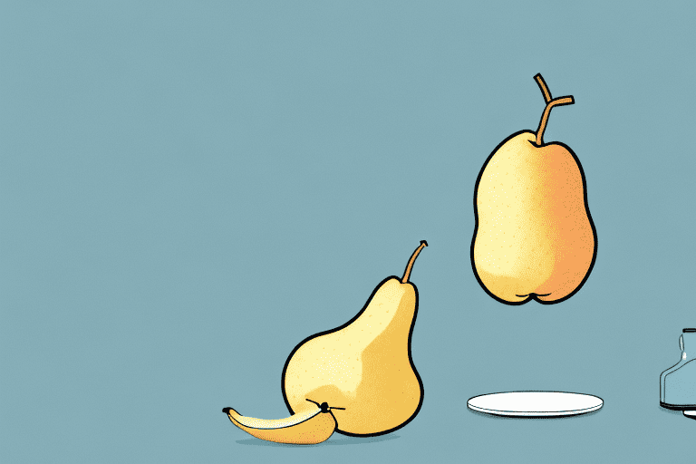 A curious dog sniffing a korean pear on a kitchen table