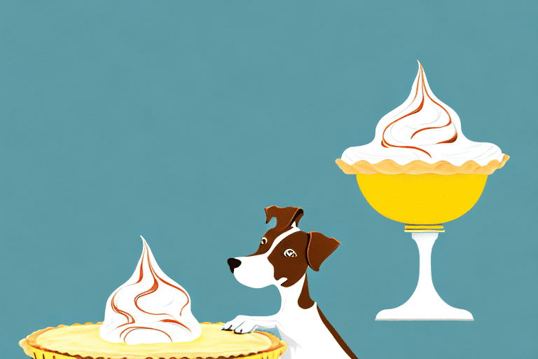 A curious dog sniffing a lemon meringue pie placed on a low table