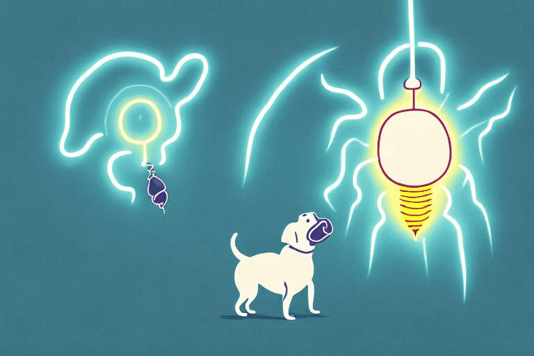 A curious dog sniffing a glowing lightning bug in a night setting