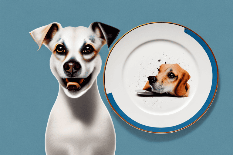 A curious dog sitting in front of a plate with a piece of veal on it