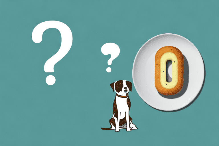 A curious dog sitting and looking at a twinkie on a plate