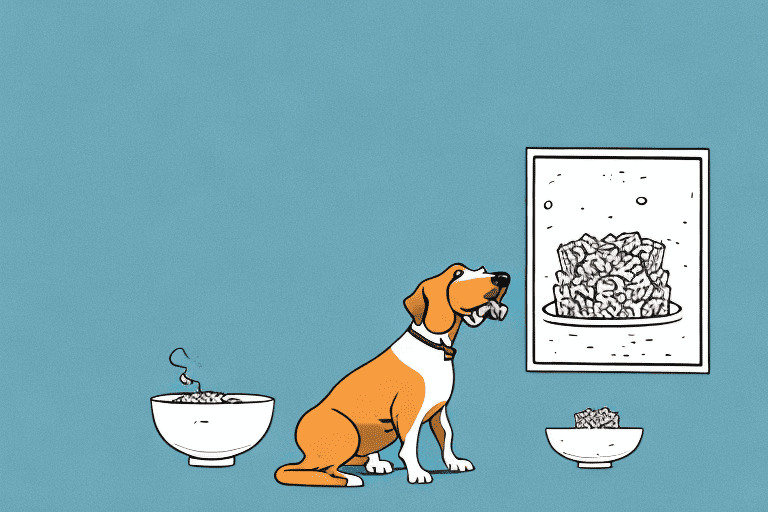 A curious dog sitting next to a bowl of frosted mini wheats