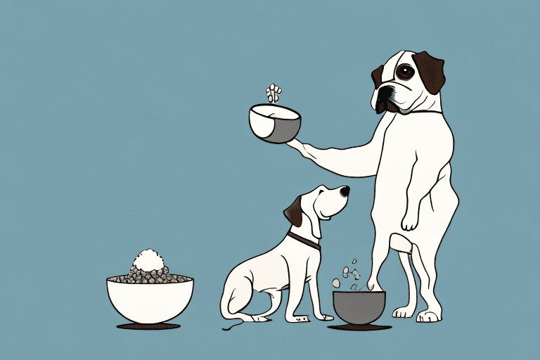 A curious dog sitting beside a bowl of buckwheat