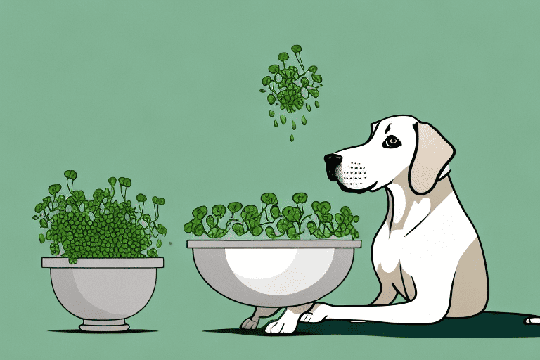 A curious dog looking at a bowl filled with watercress