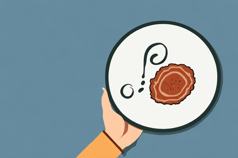 A dog looking at a piece of seasoned meat on a plate with a question mark above its head