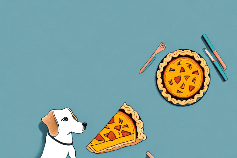 A curious dog sitting in front of a slice of sweet potato pie