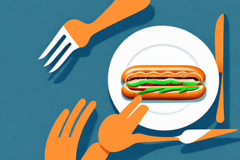 A raw hot dog on a plate with a fork and knife beside it