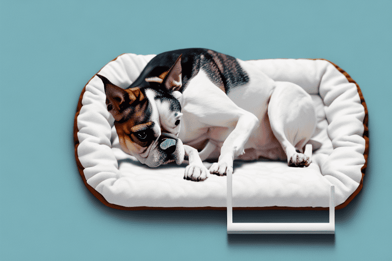 A weakened dog lying on a pet bed with a food bowl nearby
