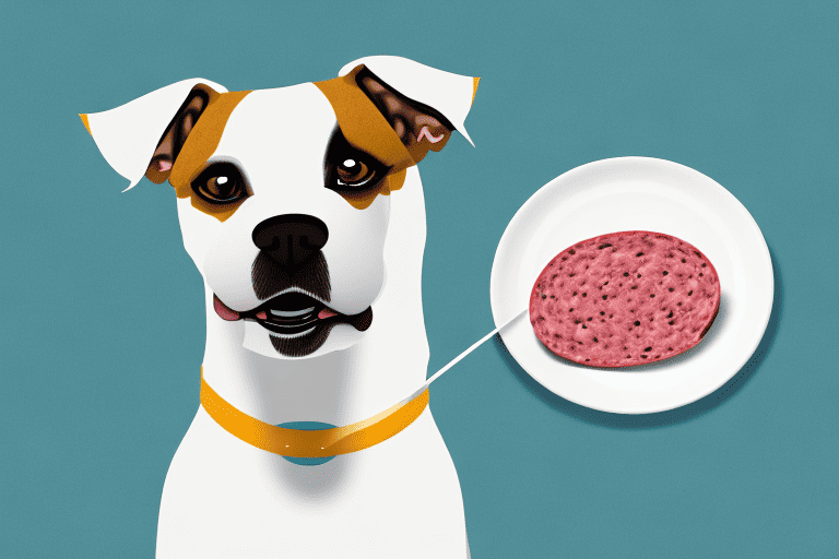 A curious dog sitting in front of a plate with a small piece of liverwurst on it