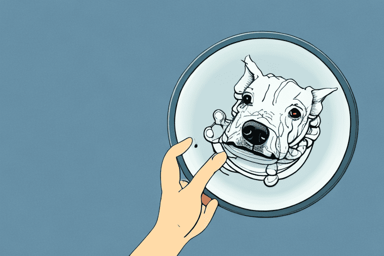 A curious dog looking at a large pork shoulder bone placed on a plate