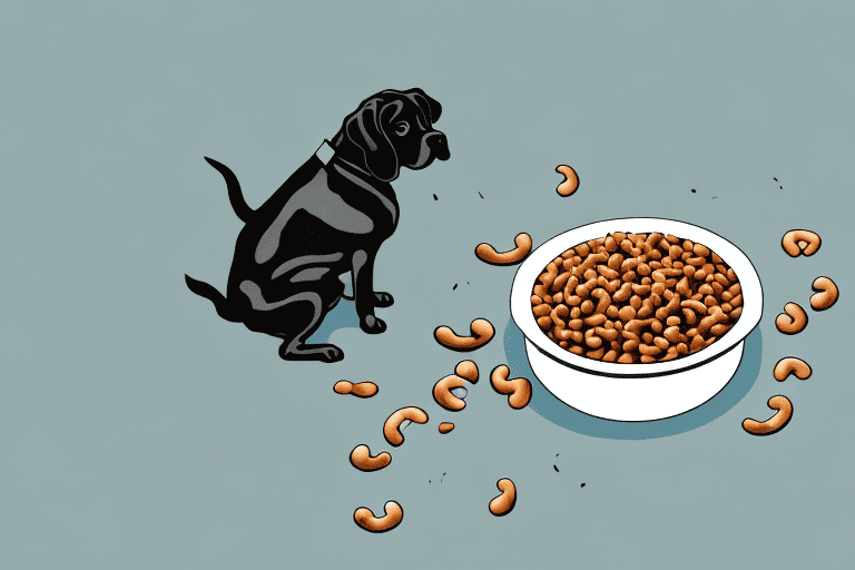 A curious dog looking at a bowl full of black eyed peas