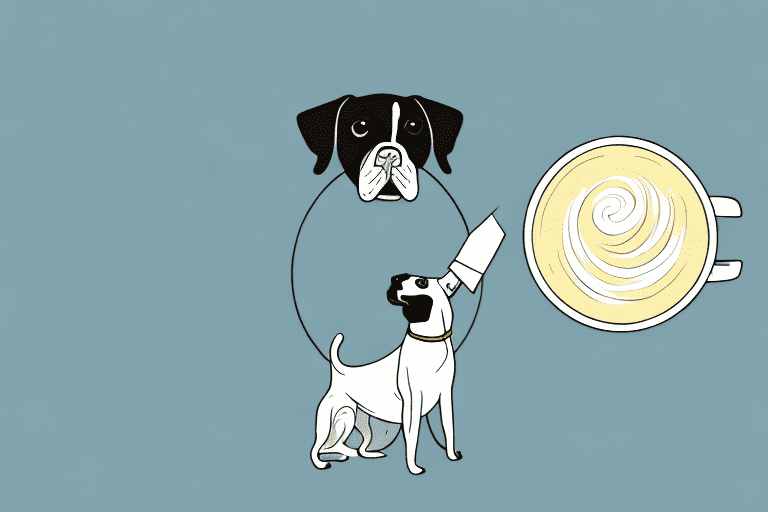 A curious dog sitting next to a bowl of cream of chicken soup