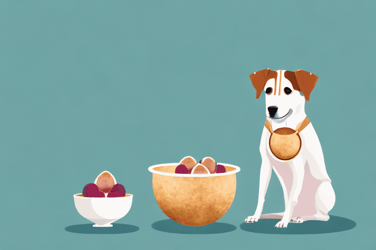 A curious dog sitting in front of a bowl filled with lychees