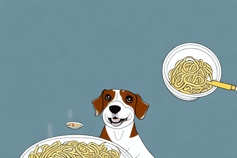 A curious dog sitting in front of a bowl of alfredo pasta