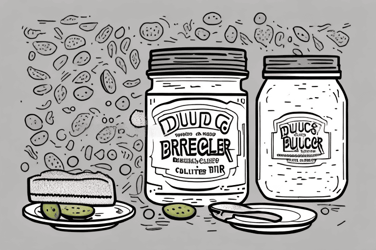A curious dog sitting next to a jar of bread and butter pickles on a kitchen table