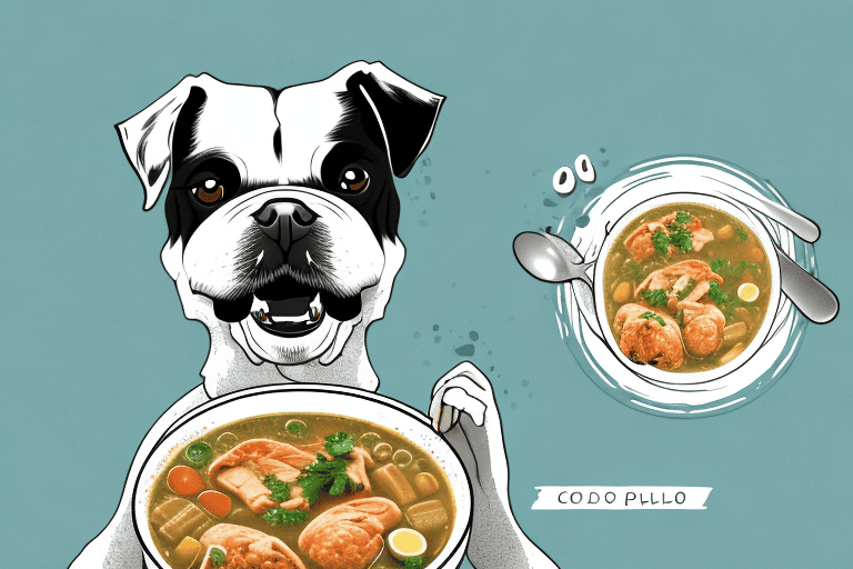 A curious dog sitting in front of a bowl of caldo de pollo