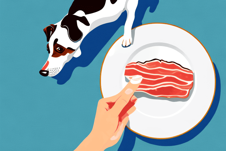 A curious dog sniffing a piece of canadian bacon on a plate
