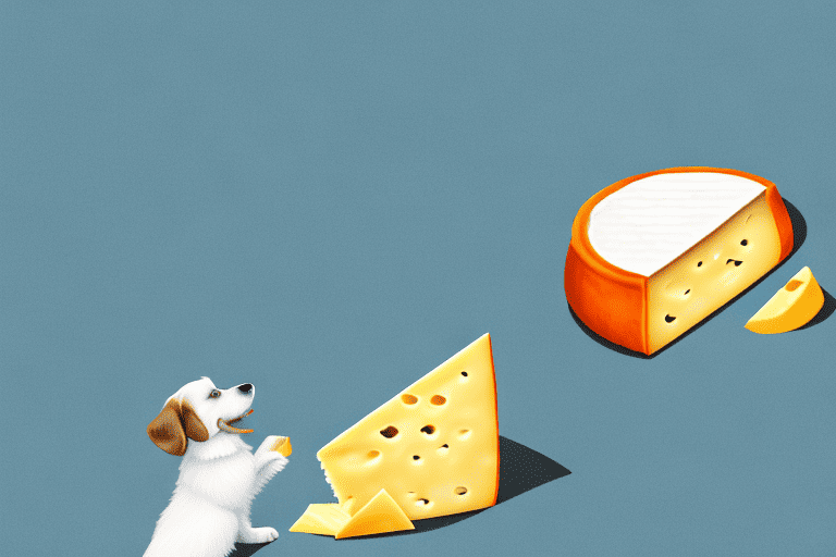 A curious dog sniffing a piece of cheese with the rind still on it
