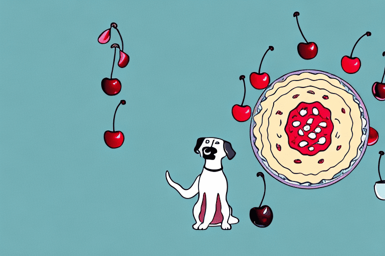 A curious dog looking at a cherry pie filling in a bowl