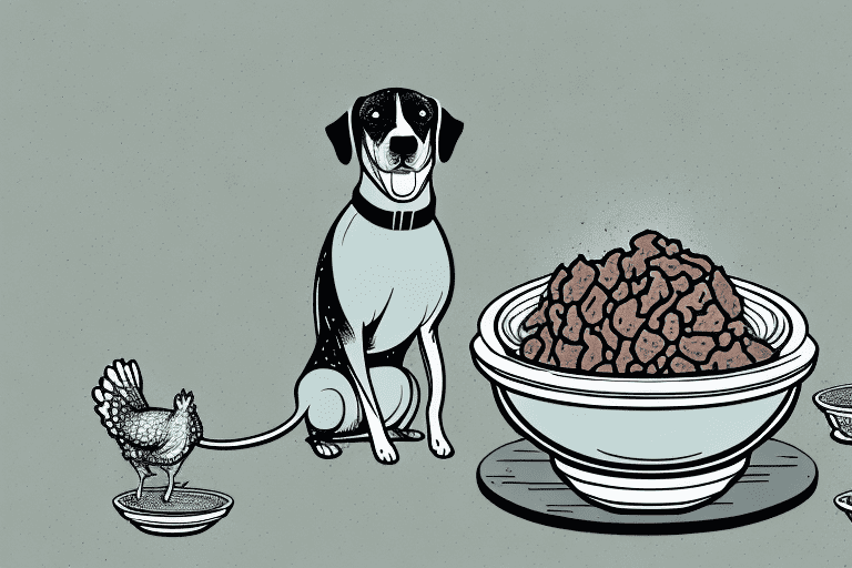 A dog sitting in front of a bowl filled with chicken livers and gizzards