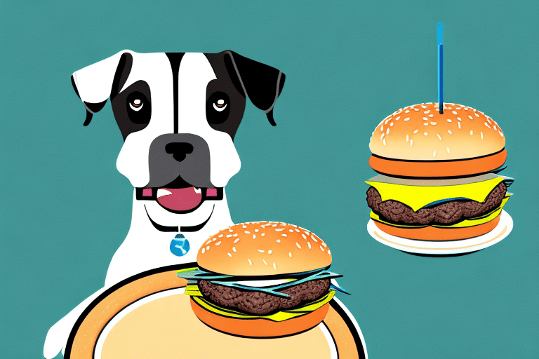 A curious dog sitting in front of a cheeseburger on a plate