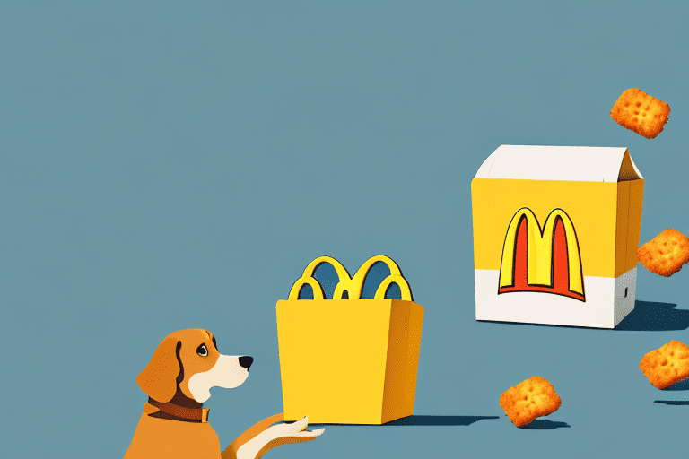 A curious dog eyeing a box of chicken nuggets on a table